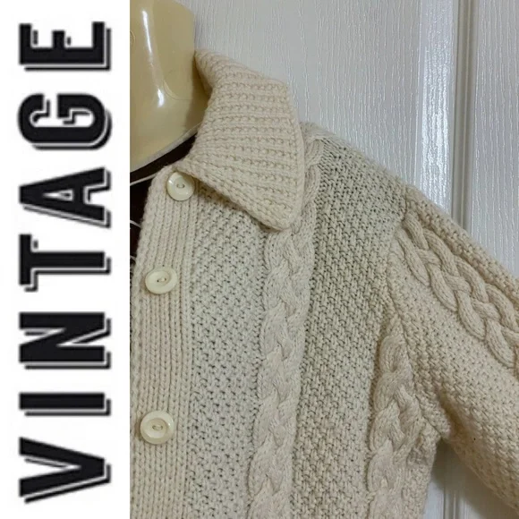 Hand knit Fishermen cable knit cream button-down cardigan chunky sweater - Picture 15 of 16